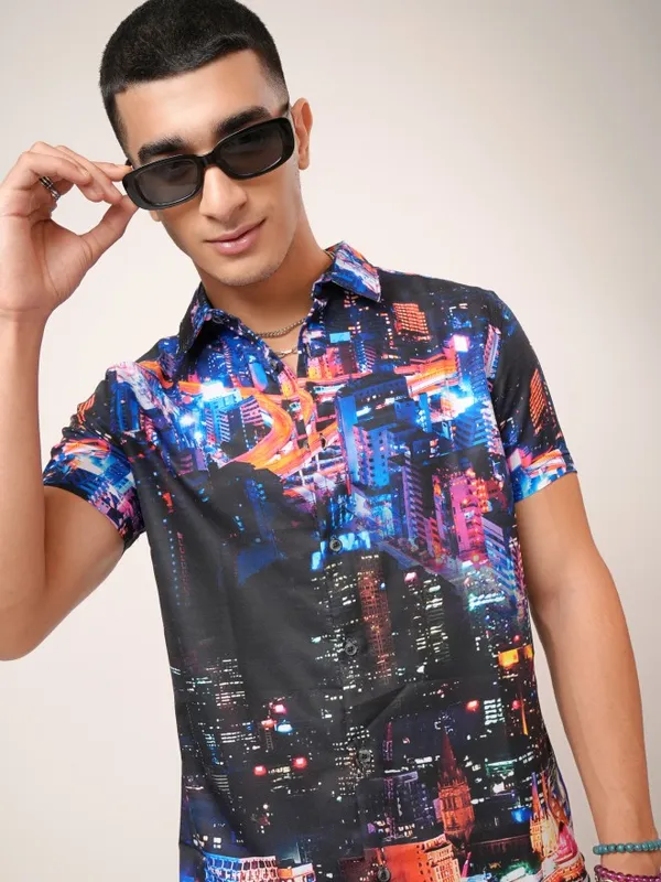  Highlander Men Blue Printed Slim Fit Casual Shirts