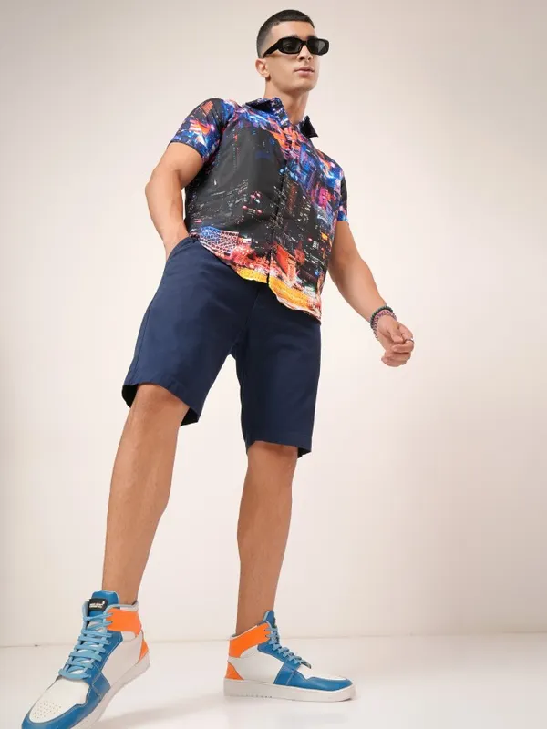  Highlander Men Blue Printed Slim Fit Casual Shirts