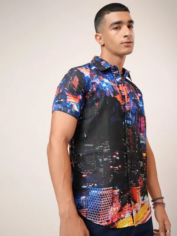  Highlander Men Blue Printed Slim Fit Casual Shirts