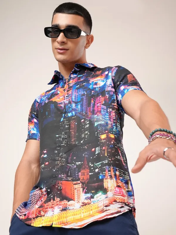  Highlander Men Blue Printed Slim Fit Casual Shirts