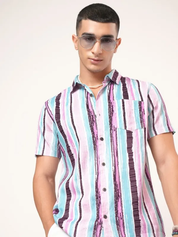  Highlander Men Teal Striped Slim Fit Casual Shirts
