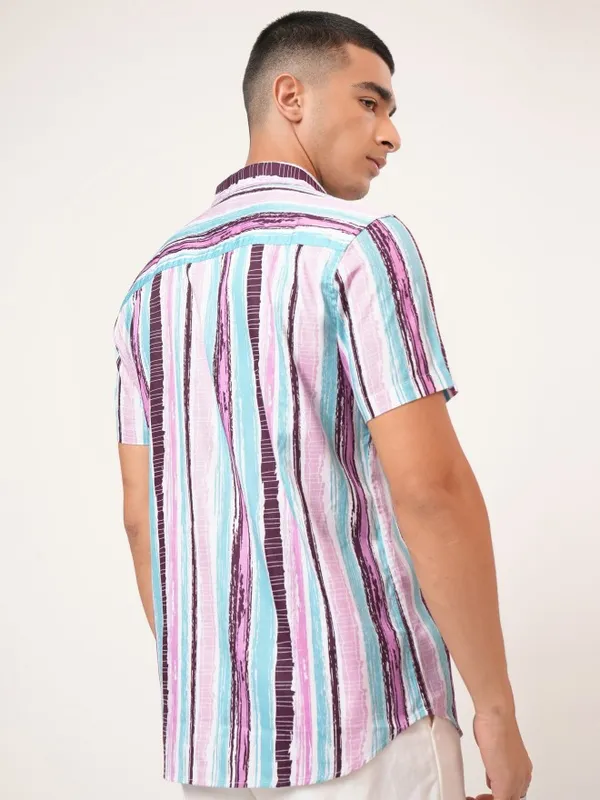  Highlander Men Teal Striped Slim Fit Casual Shirts