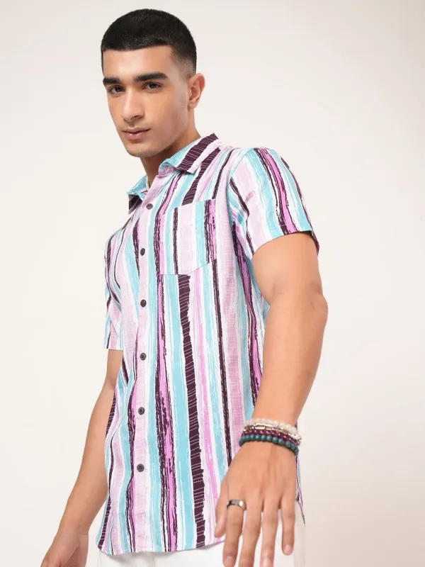  Highlander Men Teal Striped Slim Fit Casual Shirts