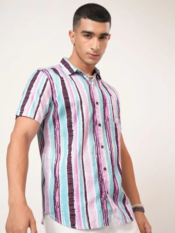  Highlander Men Teal Striped Slim Fit Casual Shirts