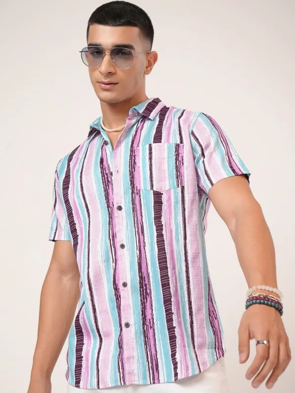  Highlander Men Teal Striped Slim Fit Casual Shirts