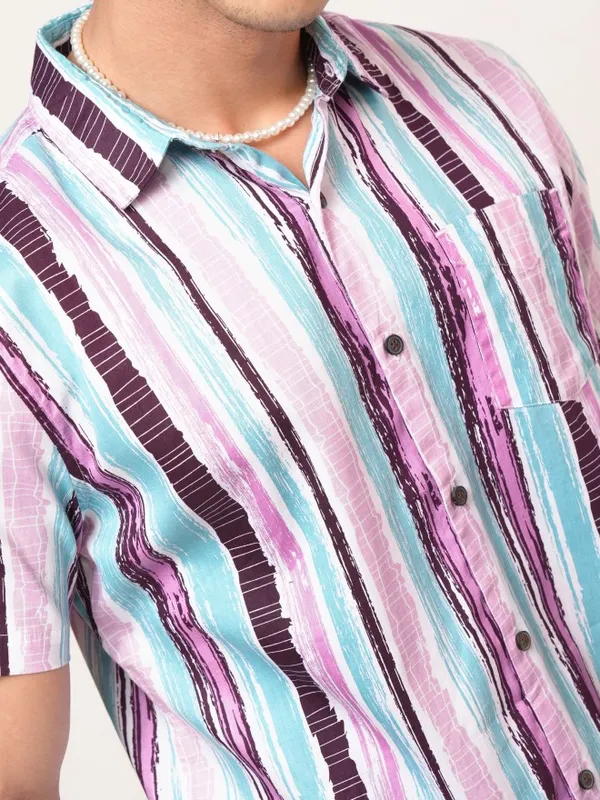  Highlander Men Teal Striped Slim Fit Casual Shirts