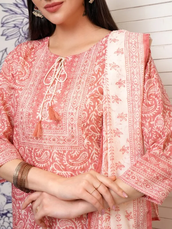 Vishudh Women Pink Printed Kurta With Trousers And Dupatta
