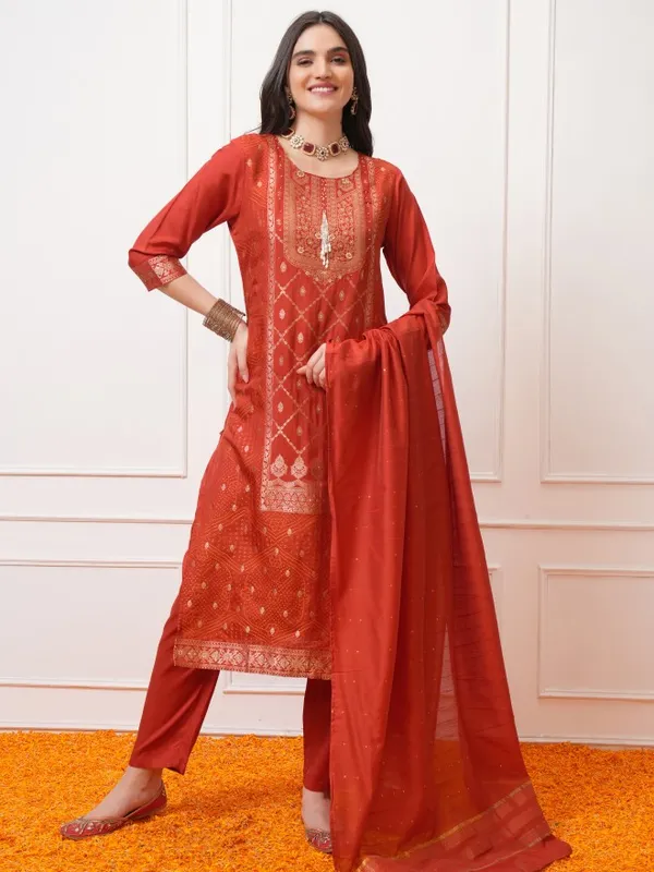 Vishudh Women Red Printed Kurta With Trousers And Dupatta