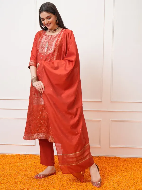 Vishudh Women Red Printed Kurta With Trousers And Dupatta