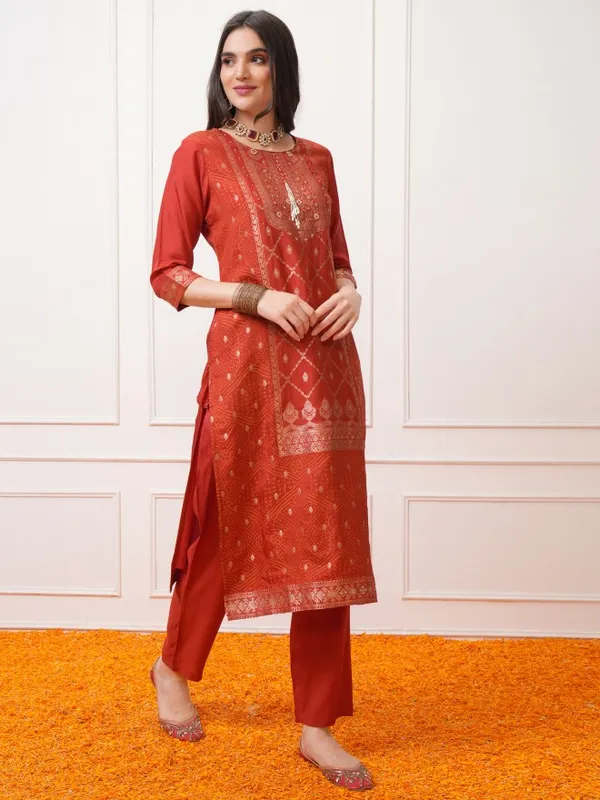 Vishudh Women Red Printed Kurta With Trousers And Dupatta