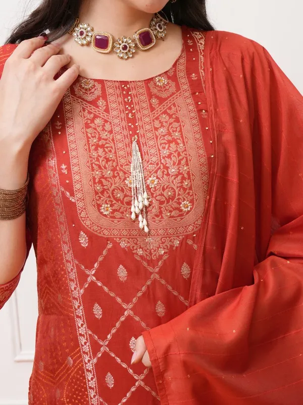 Vishudh Women Red Printed Kurta With Trousers And Dupatta