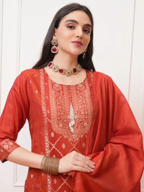 Vishudh Women Red Printed Kurta With Trousers And Dupatta