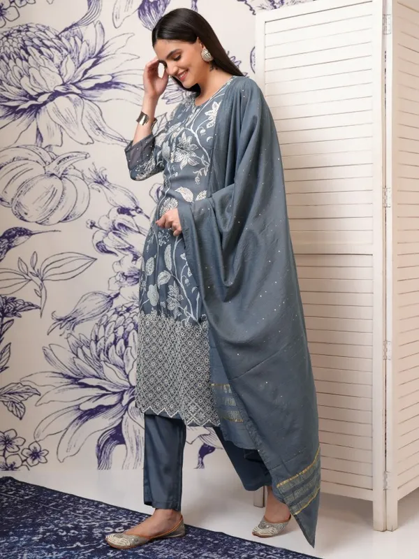 Vishudh Women Grey Printed Kurta With Trousers And Dupatta