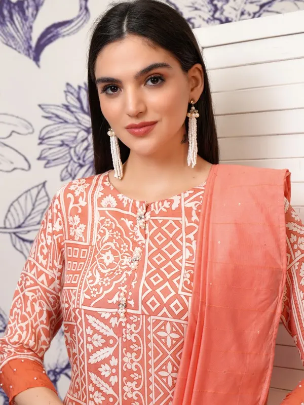 Vishudh Women Peach Printed Kurta With Trousers And Dupatta