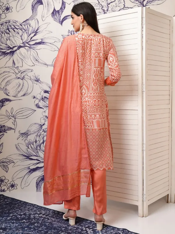 Vishudh Women Peach Printed Kurta With Trousers And Dupatta