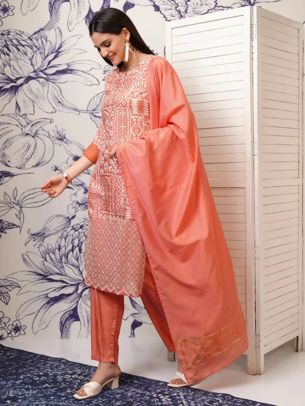 Vishudh Women Peach Printed Kurta With Trousers And Dupatta