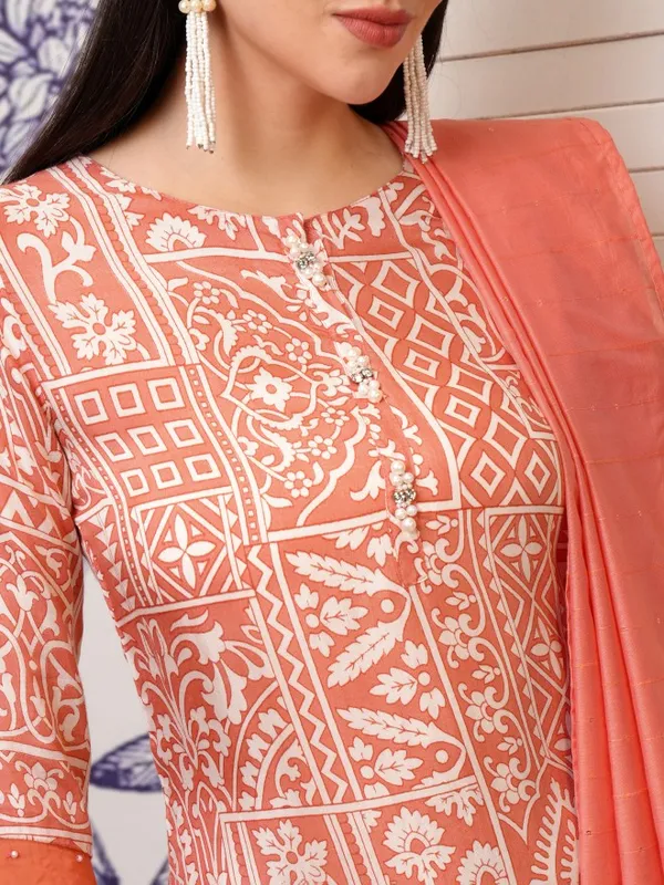 Vishudh Women Peach Printed Kurta With Trousers And Dupatta