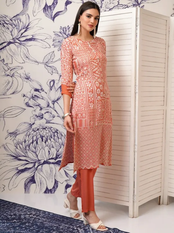 Vishudh Women Peach Printed Kurta With Trousers And Dupatta