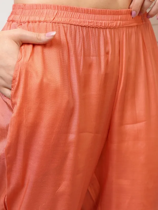 Vishudh Women Peach Printed Kurta With Trousers And Dupatta
