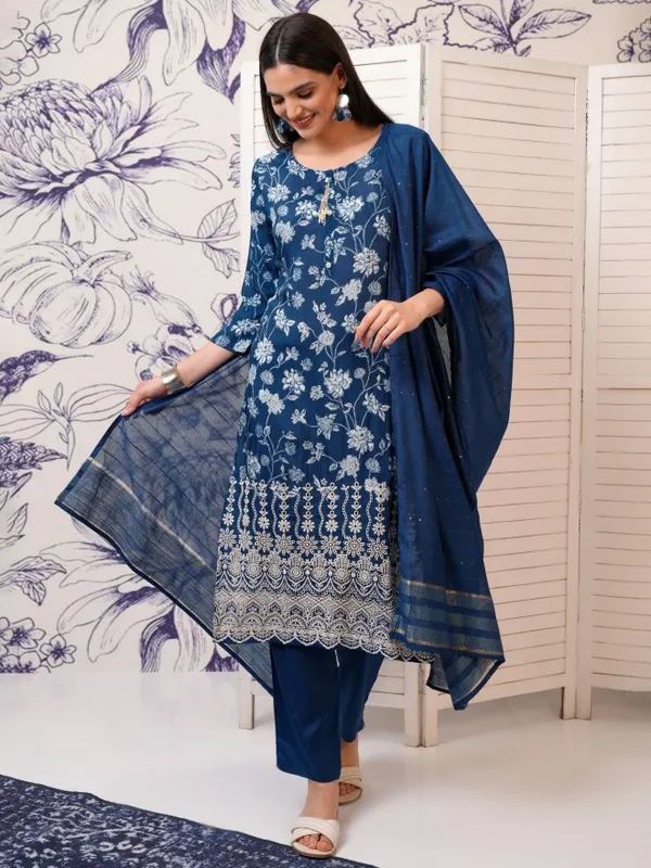 Vishudh Women Blue Printed Kurta With Trouser And Dupatta