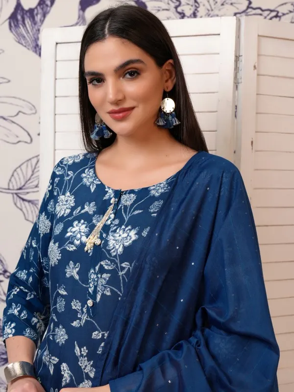 Vishudh Women Blue Printed Kurta With Trouser And Dupatta