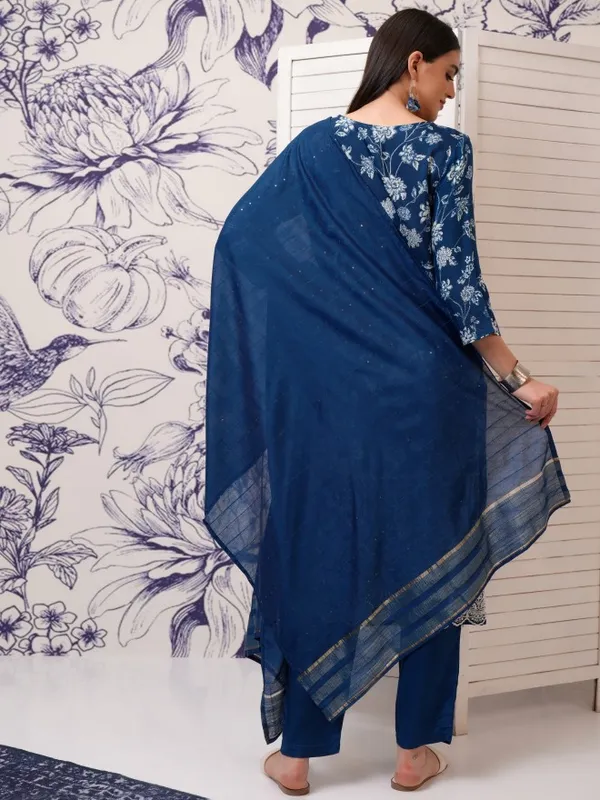 Vishudh Women Blue Printed Kurta With Trouser And Dupatta