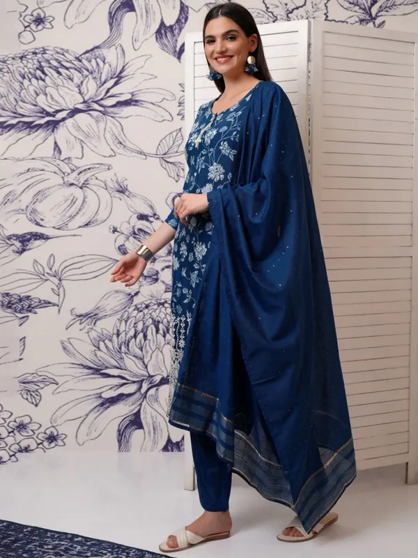 Vishudh Women Blue Printed Kurta With Trouser And Dupatta
