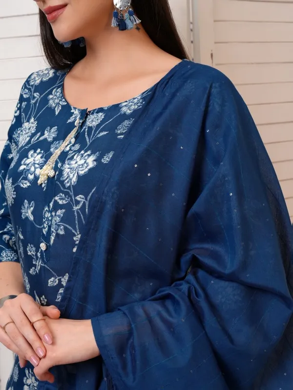 Vishudh Women Blue Printed Kurta With Trouser And Dupatta