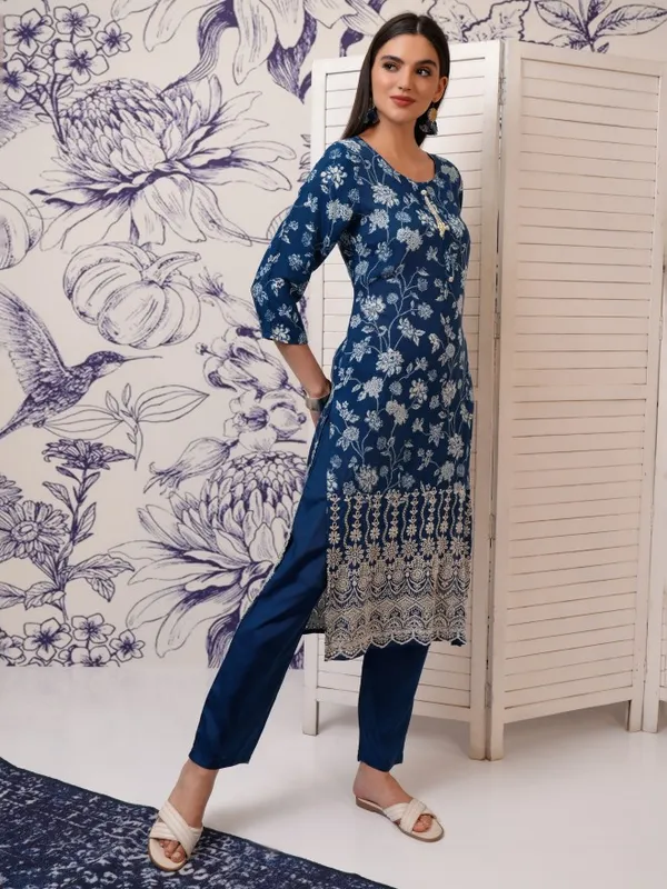 Vishudh Women Blue Printed Kurta With Trouser And Dupatta