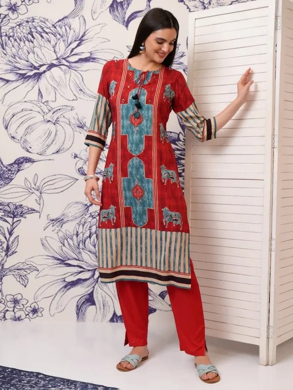 Vishudh Women Red Printed Kurta With Trouser