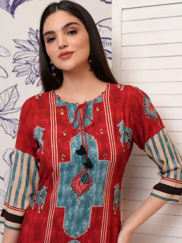 Vishudh Women Red Printed Kurta With Trouser