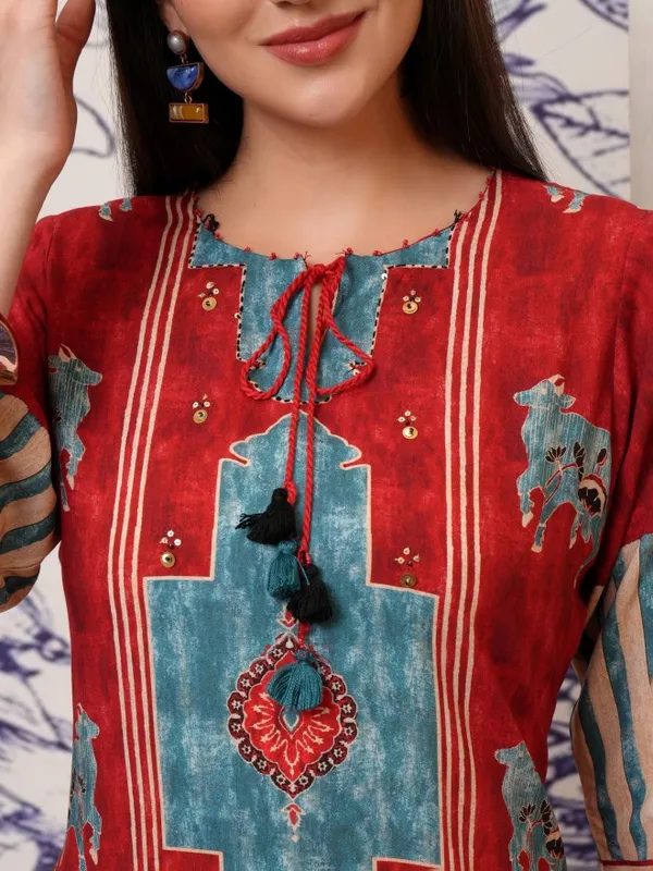 Vishudh Women Red Printed Kurta With Trouser