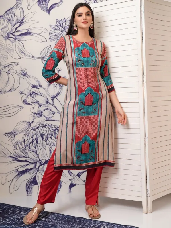 Vishudh Women Red Printed Kurta With Trousers