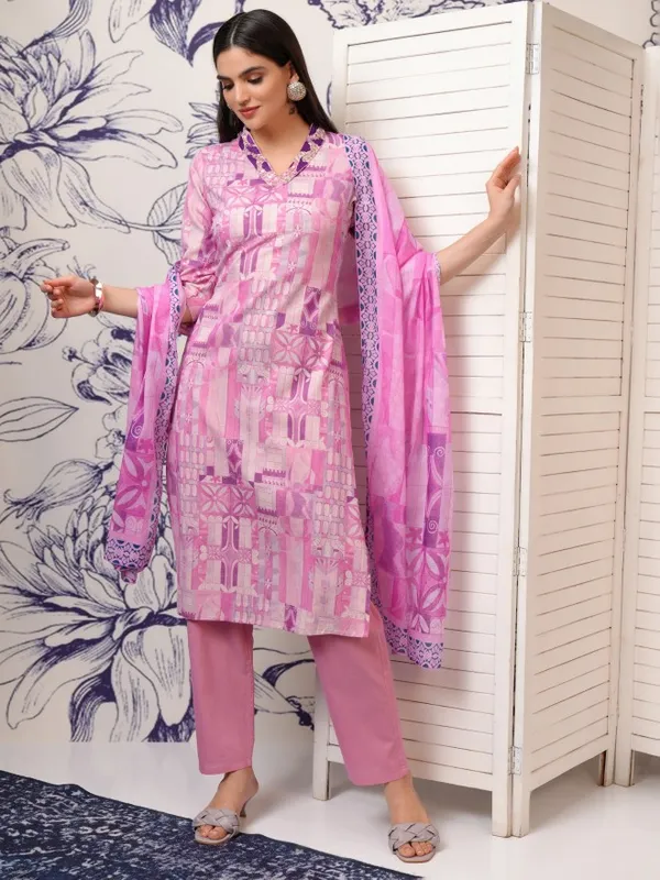 Vishudh Women Purple Printed Kurta With Trouser And Dupatta