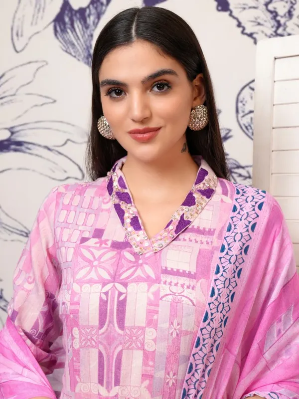 Vishudh Women Purple Printed Kurta With Trouser And Dupatta