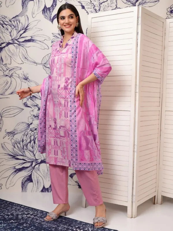 Vishudh Women Purple Printed Kurta With Trouser And Dupatta