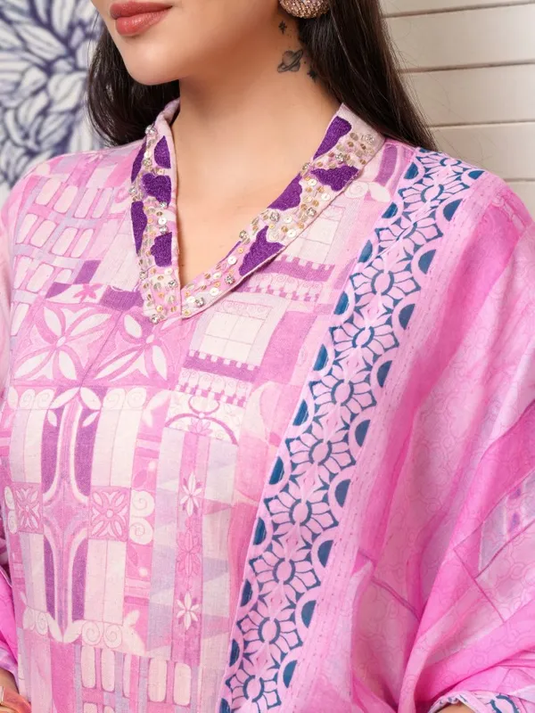 Vishudh Women Purple Printed Kurta With Trouser And Dupatta