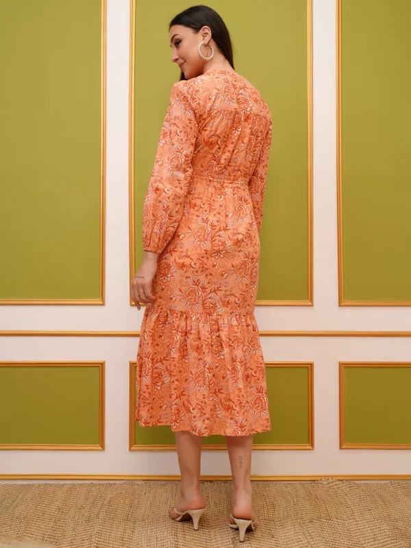 Vishudh Women Peach Printed Fit And Flare Dress