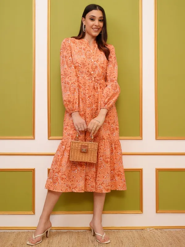 Vishudh Women Peach Printed Fit And Flare Dress