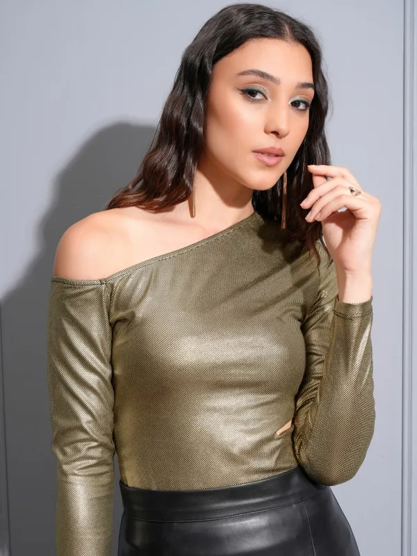 Tokyo Talkies Women Gold Embellished Fitted Top