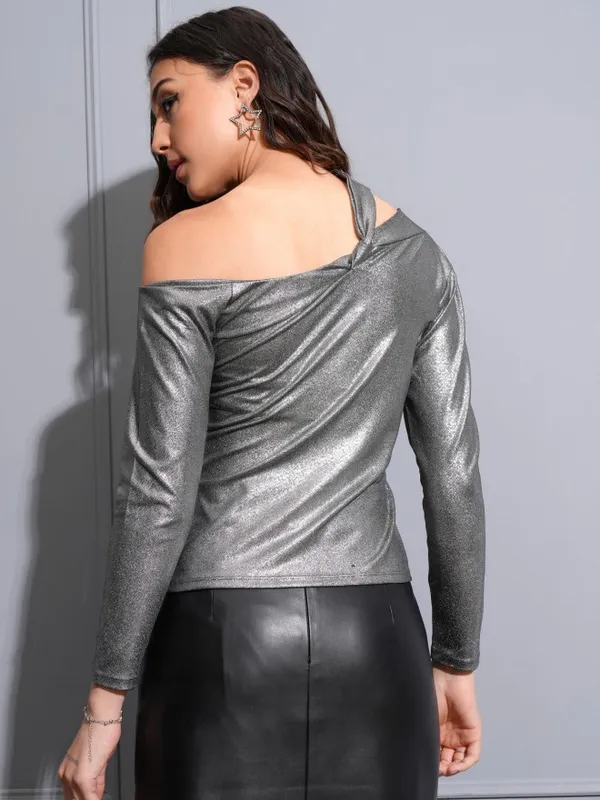 Tokyo Talkies Women Grey Embellished Fitted Top