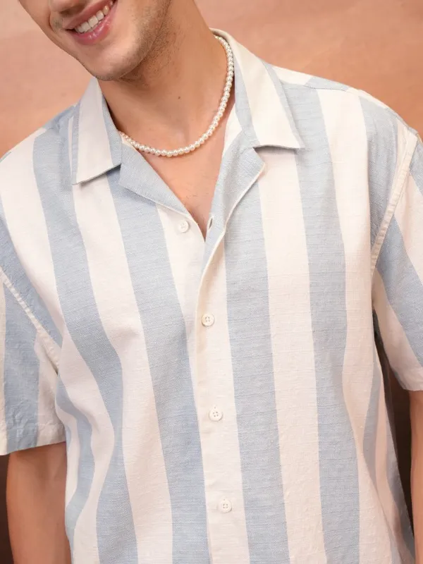  Locomotive Men Blue Striped Relaxed Fit Casual Shirts