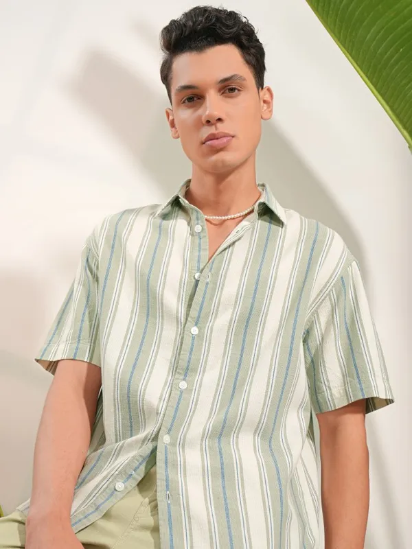  Locomotive Men Olive Striped Oversized Fit Casual Shirts