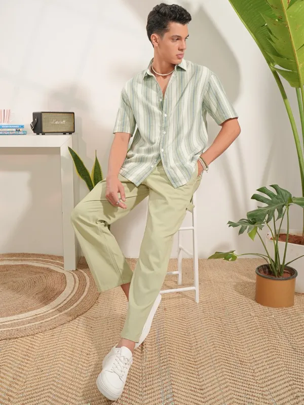  Locomotive Men Olive Striped Oversized Fit Casual Shirts