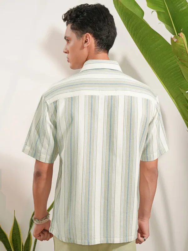  Locomotive Men Olive Striped Oversized Fit Casual Shirts
