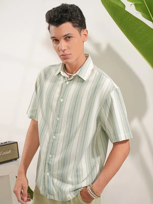  Locomotive Men Olive Striped Oversized Fit Casual Shirts