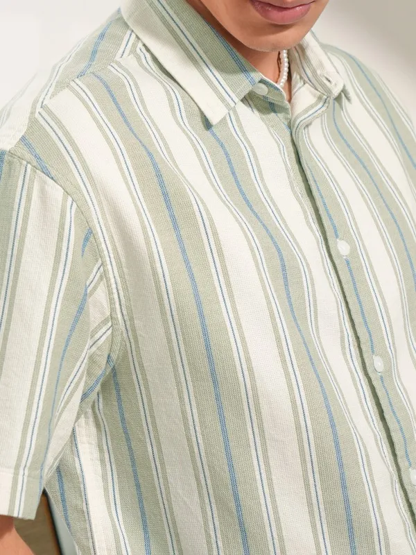  Locomotive Men Olive Striped Oversized Fit Casual Shirts