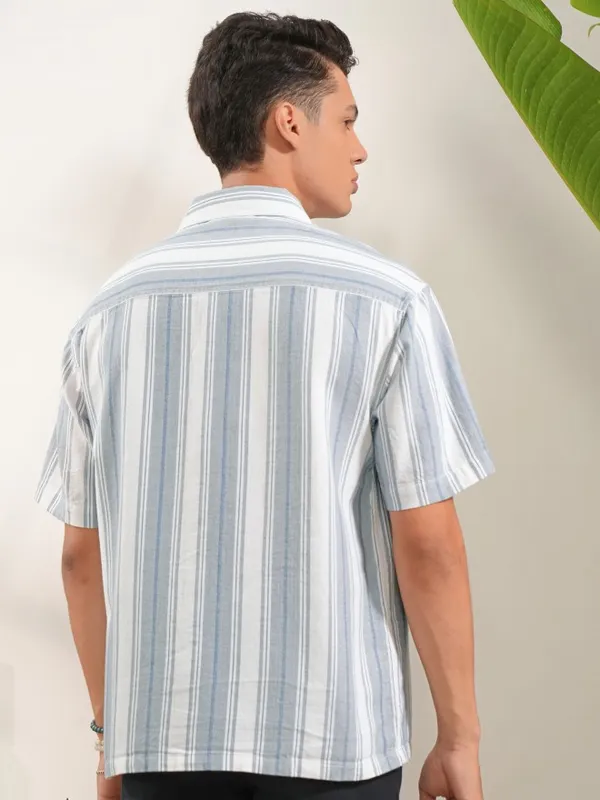  Locomotive Men Grey Striped Oversized Fit Casual Shirts