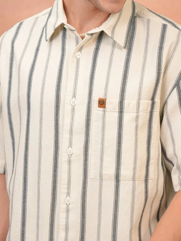  Locomotive Men Cream Striped Oversized Fit Casual Shirts