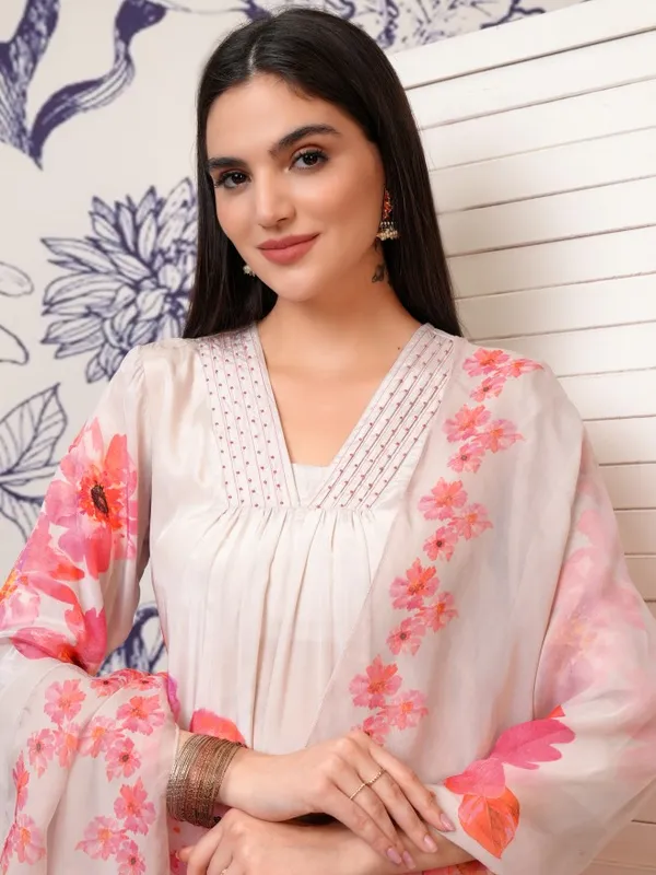 Vishudh Women Peach Printed Kurta With Trouser And Dupatta